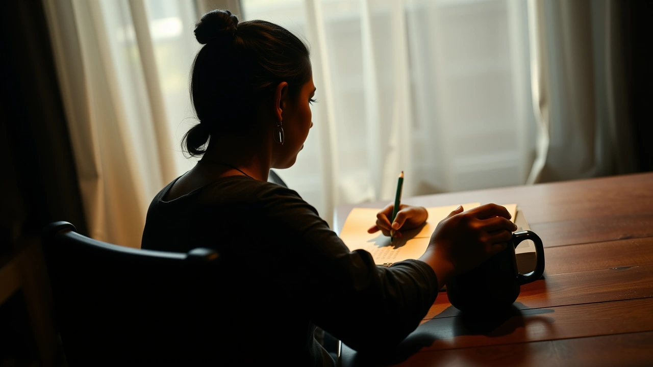 An Indian woman in her thirties with her hair tied back, seen in three-quarter view at a wooden table in warm lamp light, writing a short column of figures into a squared notebook with a pencil, a mug of tea beside the notebook