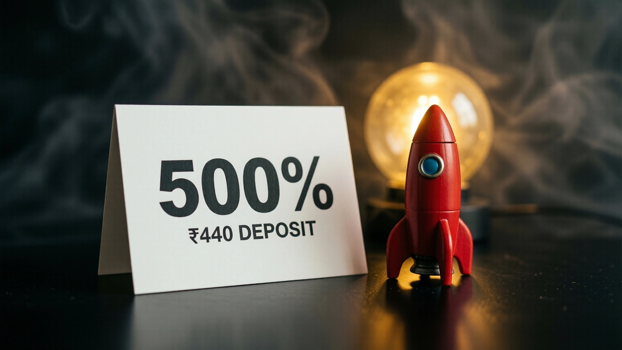A flat white card standing upright on a near-black glossy surface in warm side light, facing the camera, printed in heavy dark type with the large number "500%" printed flat and a smaller line "₹440 DEPOSIT" beneath it, a small red toy rocket standing upright beside the card with a soft golden glow behind both