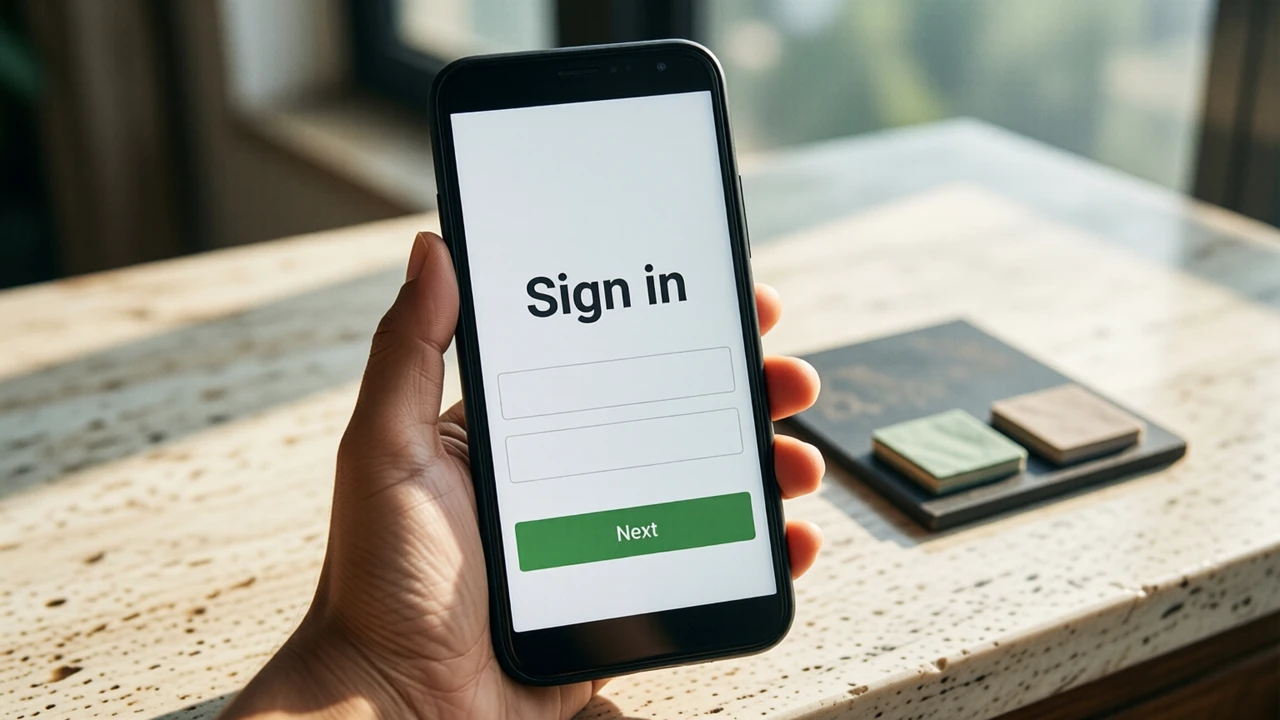 Close view of an Indian woman's hand holding an Android phone upright above a pale stone counter in daylight, the phone fills the foreground and only one phone in the picture; the screen is plain white with the single word "Sign in" in large dark type near the top, two empty grey input bars below it and one wide green bar at the bottom carrying the word "Next"