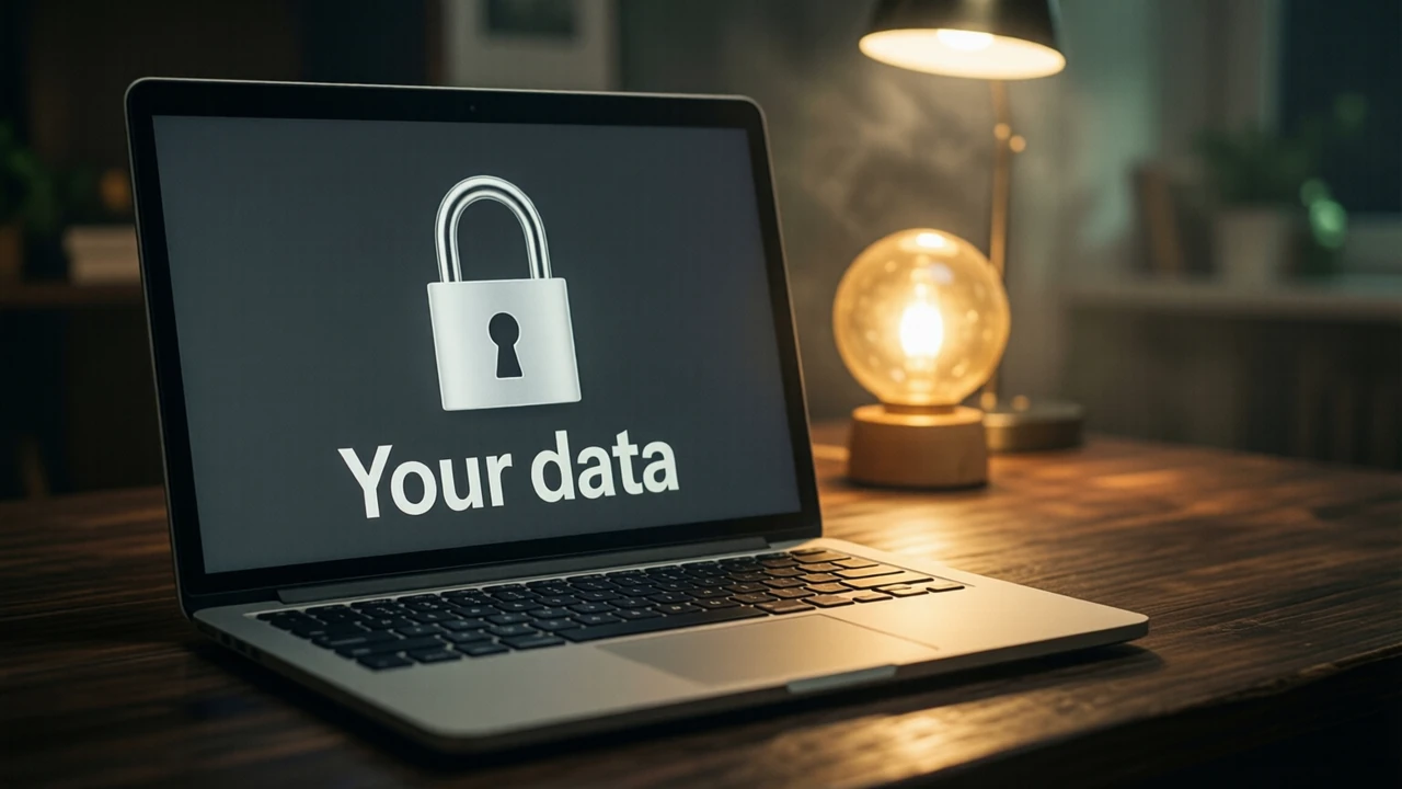 A laptop on a dark wooden desk in soft lamp light, its screen plain dark grey with one large white closed padlock, shackle locked shut, in the centre and the two words "Your data" printed in large white type beneath it