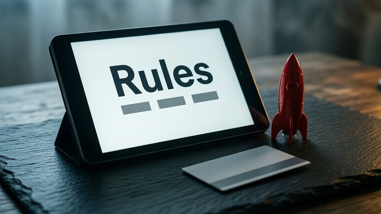 A tablet lying on a dark slate surface in cool side light, its screen plain white with the single word "Rules" in large dark type at the top and three short grey lines beneath it, a small red toy rocket standing beside the tablet